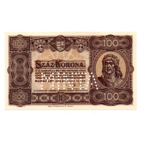 100 Korona Államjegy 1923 Magyar Pénzjegynyomda aUNC-UNC MINTA perforáció