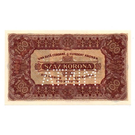 100 Korona Államjegy 1923 Magyar Pénzjegynyomda aUNC-UNC MINTA perforáció