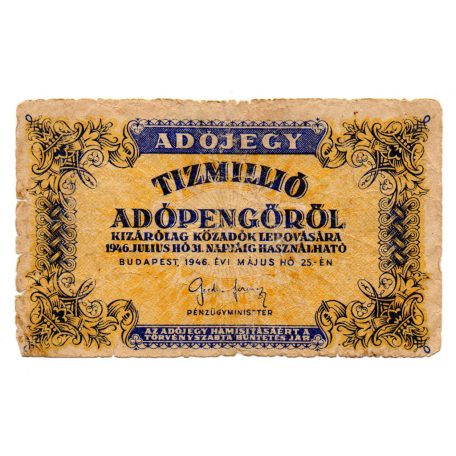 10 Millió Adópengő 1946 P54 G főtípus, vízjel és fordított címer