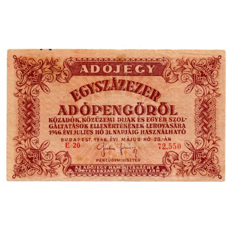 100000 Adópengő 1946 P51 elcsúszott hátoldal