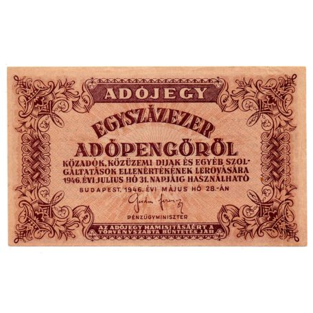 100000 Adópengő 1946 P51A papírránc a jobb oldalon