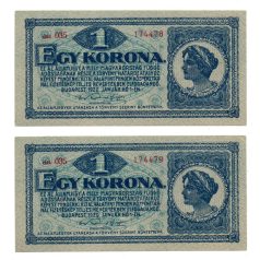   1 Korona Államjegy 1920 aUNC, hajtatlan sorszámkövető pár