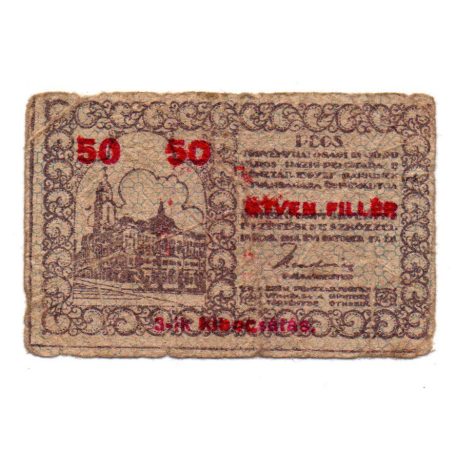 Pécs város Házipénztár 50 Fillér pénztárjegy 1919 3. kiadás G-VG
