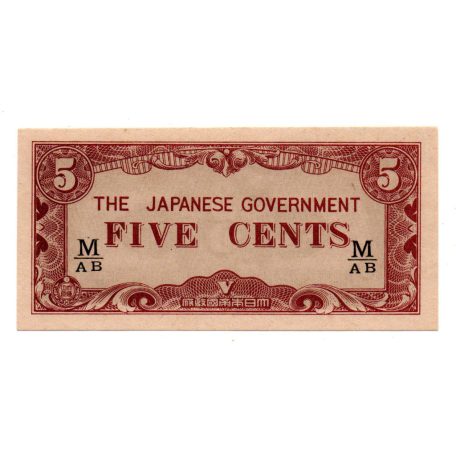 Malájföld Japán megszállása 5 Cent Bankjegy 1942 PM2b fekete sorozat
