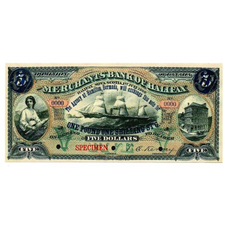 Kanada 5 Dollár Bankjegy 1880 Specimen MÁSOLAT