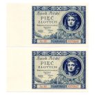 Lengyelország 5 Zloty Bankjegy 1930 P72a sorszámkövető pár