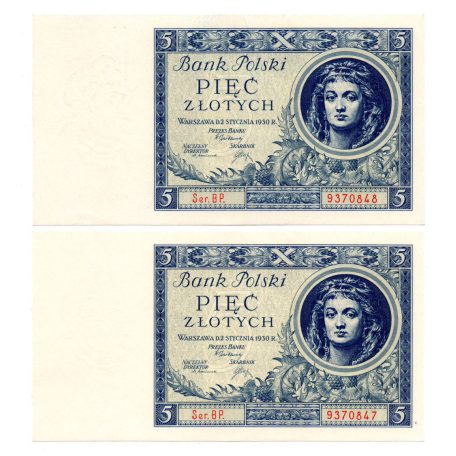 Lengyelország 5 Zloty Bankjegy 1930 P72a sorszámkövető pár