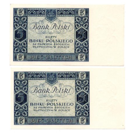 Lengyelország 5 Zloty Bankjegy 1930 P72a sorszámkövető pár
