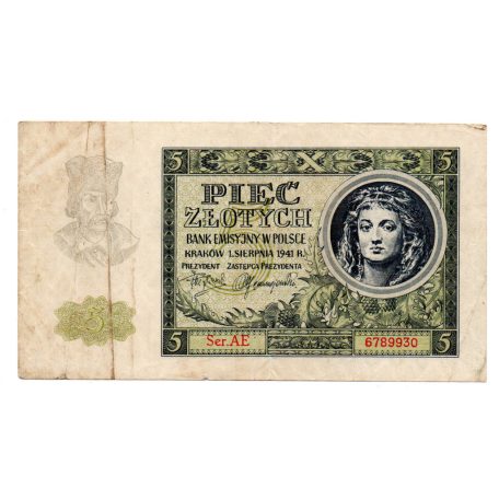 Lengyelország 5 Zloty Bankjegy 1941 P93a 