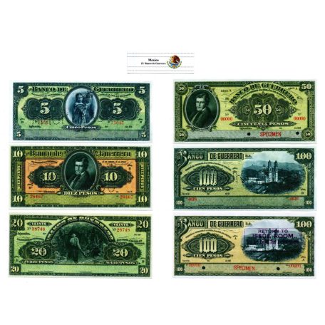 Mexikó 5-100 Peso Bankjegy sor 1906-1914 PS298-302 MÁSOLAT