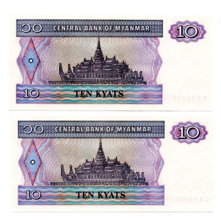 Mianmar 10 Kjap Bankjegy 1997 P71b UNC sorszámkövető pár