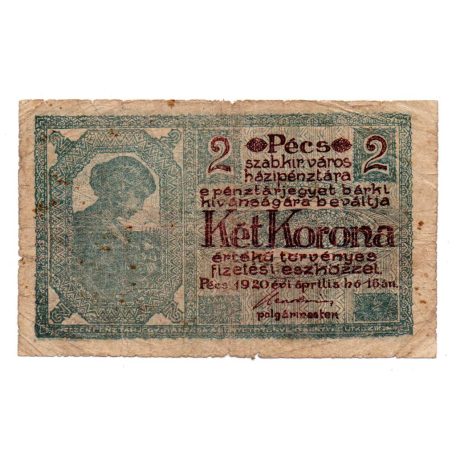 Pécs város Házipénztár 2 Korona pénztárjegy 1920 VG szükségpénz