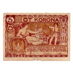   Pécs város Házipénztár 5 Korona pénztárjegy 1920 VG szükségpénz