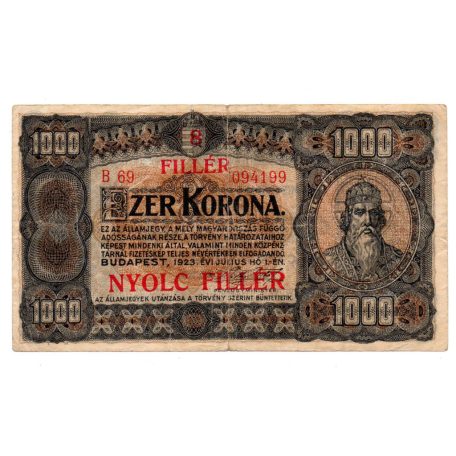 1000 Korona Államjegy 1923 8 FILLÉR felülbélyegzéssel F