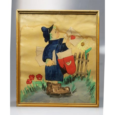 Akvarell A postás 1950-es évek, gyerekszoba festmény 