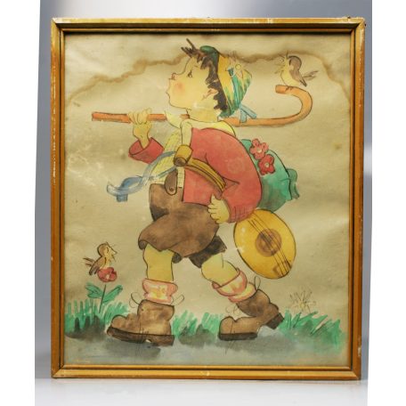 Akvarell Kiránduló fiucska 1950-es évek 