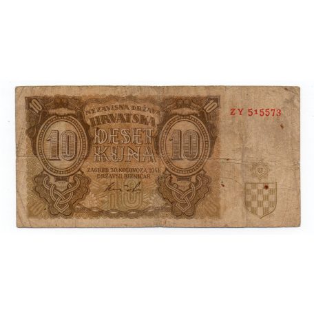 Horvátország 10 Kuna Bankjegy 1941 P5b ZY sorozat