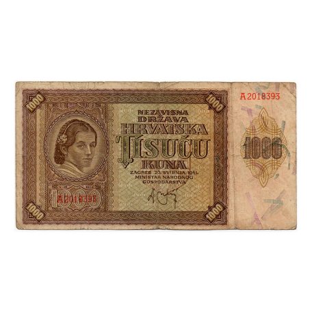 Horvátország 1000 Kuna Bankjegy 1941 P4a VG