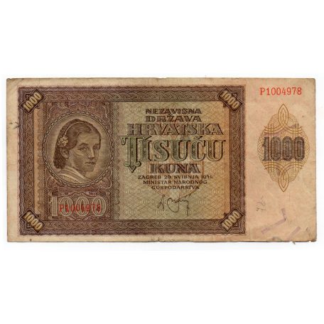 Horvátország 1000 Kuna Bankjegy 1941 P4a F