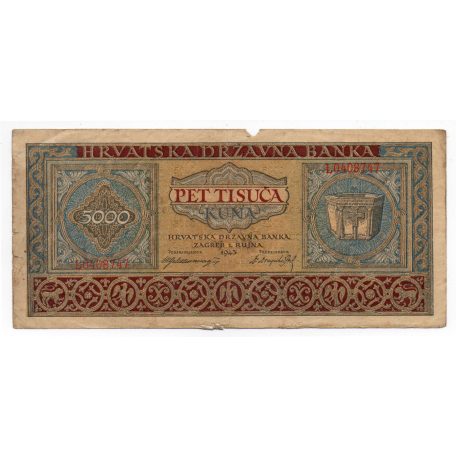 Horvátország 5000 Kuna Bankjegy 1943 P13a VG