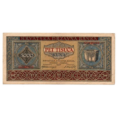 Horvátország 5000 Kuna Bankjegy 1943 P13a gVF