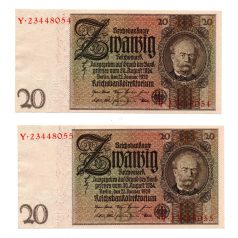   Német 20 Reichsmark Bankjegy 1929 P181 sorszámkövető pár