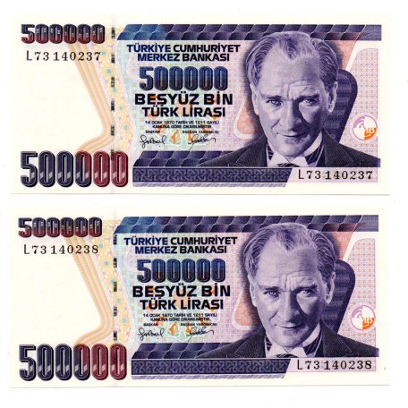 Törökország 500000 Líra Bankjegy 1998 P212 sorszámkövető pár