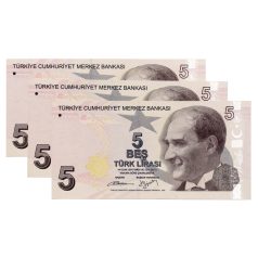   Törökország 5 Líra Bankjegy 2009 P222b sorszámkövető 3 db