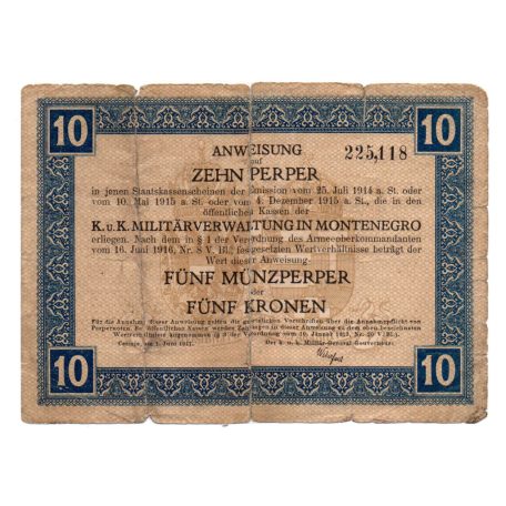 Montenegro 10 Perper - 5 Korona Bankjegy 1917 PSM151