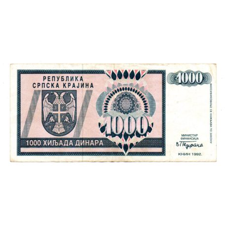 Horvátország 1000 Dinár Bankjegy 1992 PSR5a KNIN